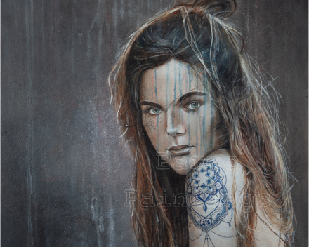 Girl with blue tattoo 2 - 70 cm  x 70 cm - acryl op canvas - prijs op aanvraag